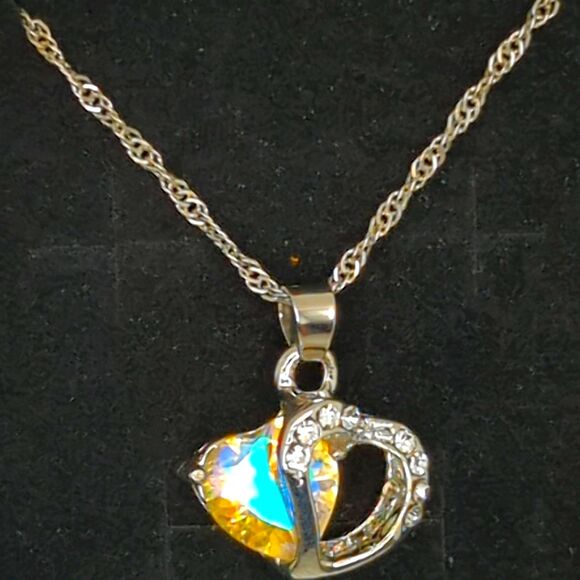 Heart Pendant Necklace – 925 Sterling Chain – Aurora Glass Crystal  (NWOT) - Picture 2 of 6